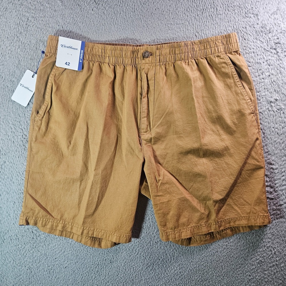 NWT Caribbean Roundtree & Yorke Shorts Men 42 x 8" Cotton Linen Tan